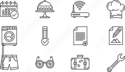 Mixed lifestyle and object line icons set with calendar, food, wifi, cooking, documents, tools, travel and daily essentials vector illustration