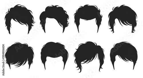 Set of eight male hairstyle silhouette icons.