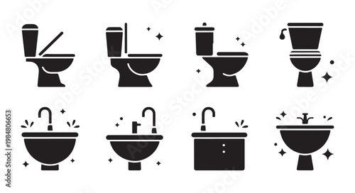 Set of Bathroom and Toilet Icons in Black Silhouette Style