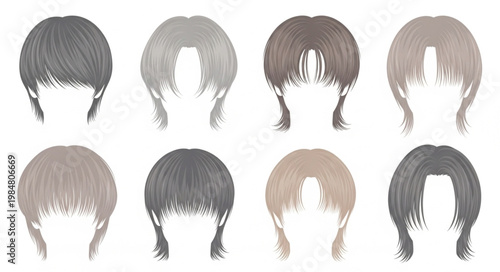 Set of eight short bob fringe hairstyle variations.