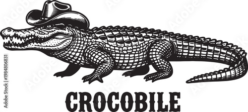 Illustrative black and white cowboy alligator graphic with text isolated on a transparent background