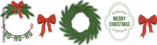 Christmas wreath collection with red bows festive greenery holiday decorations merry christmas label winter celebration design
