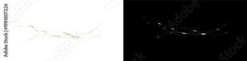 1. Abstract glowing golden wave overlay on dark and light backgrounds, featuring luminous particles and flowing lines, ideal for creative design and digital art projects
