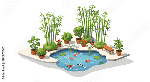 Serene koi pond with lush greenery and vibrant fish swimming