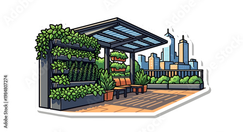 rooftop garden with city skyline and outdoor seating area