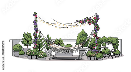 Illustration of a decorated outdoor stage with hammock and plants