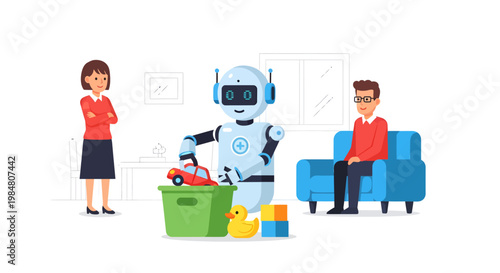 Robot helping with household chores, people relaxing