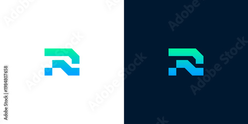 Modern abstract letter R logo design in turquoise and blue colors, digital and technological concept, clean and simple geometric shapes on white and dark backgrounds