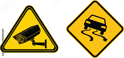 Security camera and slippery road warning signs on transparent background