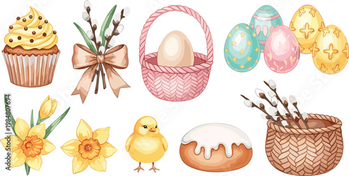 Illustration of Easter Cupcakes, Daffodils, Eggs, and Chick for Spring, Holiday, and Festive Designs