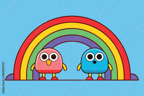 Two cartoon birds stand under a rainbow in a simple design