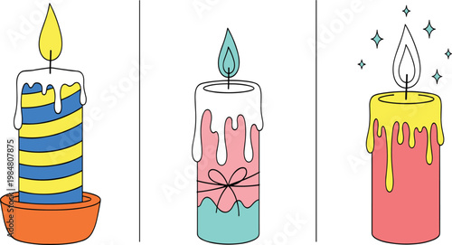 Colorful Decorative Candle Collection Featuring Three Burning Candles with Dripping Wax Ribbon Bow and Sparkles for Holiday Celebration and Festive Decor Design