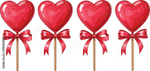 Canvastavla Illustration of Heart-Shaped Lollipops with Red Bows for Valentine's Day, Sweet