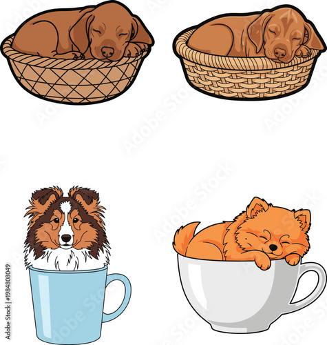 Adorable sleeping puppies in wicker baskets and small dogs in coffee mugs art.