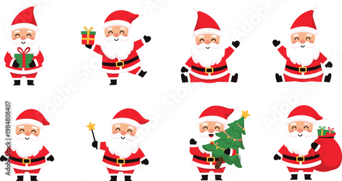 Cute Cartoon Santa Claus Collection Featuring Eight Festive Characters Holding Gifts Christmas Tree Magic Wand and Sack for Holiday Season Design