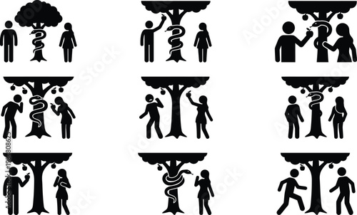 Biblical Adam and Eve stick figure icons, Garden of Eden original sin vector set, religious story of the forbidden fruit and serpent snake