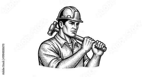 Retro Engraving Construction Worker Holding Sledgehammer.