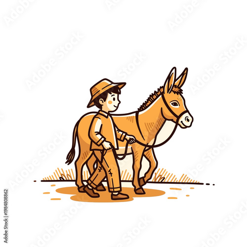 A young boy in a hat walks alongside a donkey, holding its reins.