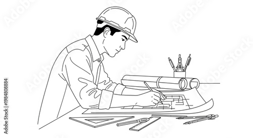 Professional Technical Draftsperson Working on Architectural Plans.