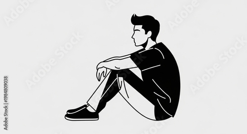 Seated young man illustration in thoughtful pose.