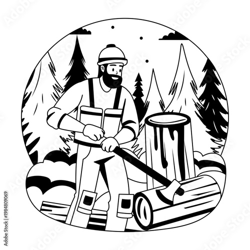 Glyph style illustration of a person cutting firewood 
