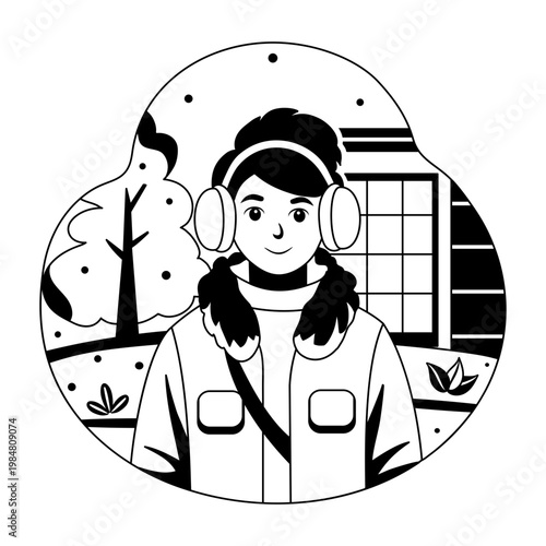 A glyph style illustration showing a kid wearing earmuffs 
