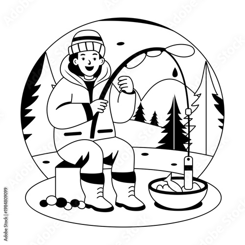 Glyph style illustration showing a person doing ice fishing 