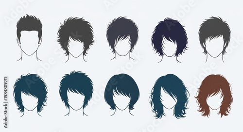 Row of stylized modern short to medium hairstyles.