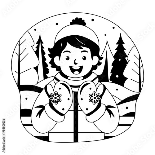 A glyph style illustration showing a kid wearing winter gloves 
