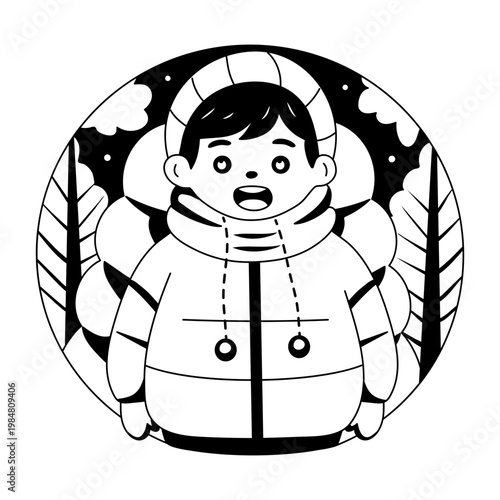 Glyph style illustration of kid wearing puffer jacket 
