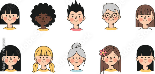 Diverse Cartoon People Avatar Collection Featuring Ten Different Characters with Various Hairstyles Ages and Ethnicities for Profile and Social Media Design