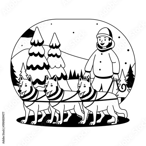 A glyph style illustration showing a dog sled 
