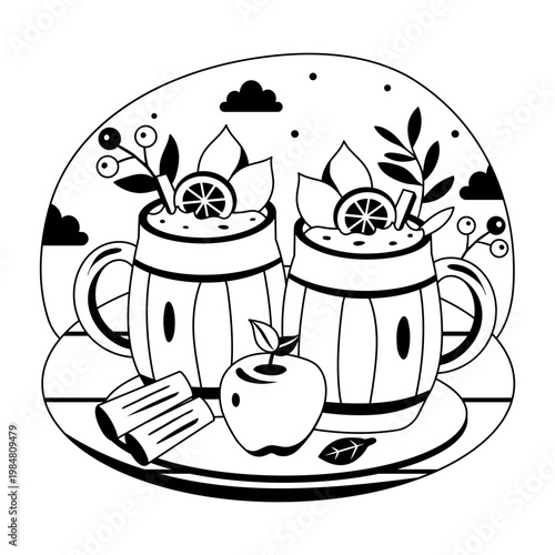 A glyph style illustration showing a herbal tea 
