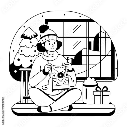 A glyph style illustration showing a person knitting 
