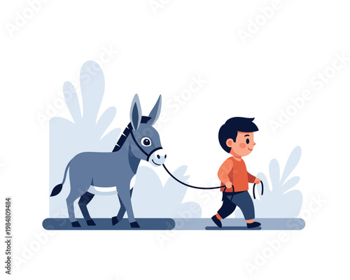 A young boy is walking with a donkey on a leash, with stylized plants in the background.