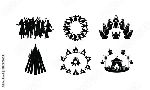 Illustrations of communal celebrations and traditional gatherings around fire.