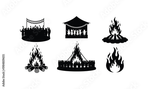 Illustrations of various traditional communal fire gatherings and celebrations