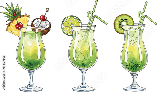Illustration of Tropical Cocktails with Pineapple, Kiwi, and Lime Garnishes for Summer, Drinks, and Party Designs