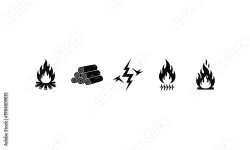 Five icons representing different sources and symbols of fire and ignition
