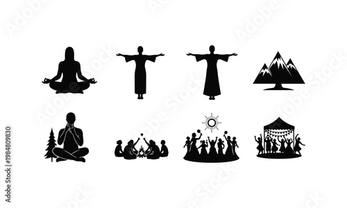 Symbols of meditation, spirituality, and communal gatherings in nature
