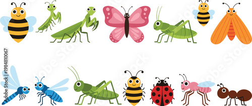 Cartoon Insect Collection Illustration with Bees, Butterflies, Grasshoppers, Ants, and Ladybugs for Kids Education, Nature Learning, and Wildlife Design