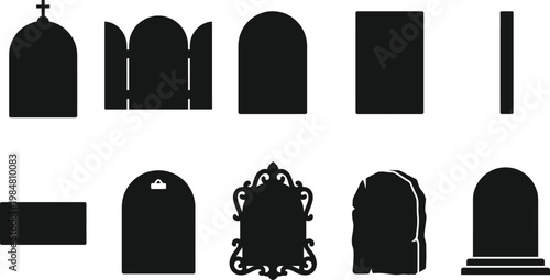 Gravestone silhouette set with 10 tombstone icons, cemetery headstone vector collection, spooky graveyard memorial markers for Halloween design