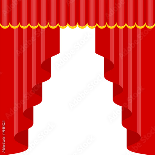 Elegant red velvet theater curtain. Open stage scene with silk drapes. Luxury theatrical interior for performance, opera and concert. Cinema show, rich fabric and dramatic atmosphere. Vector EPS 10.