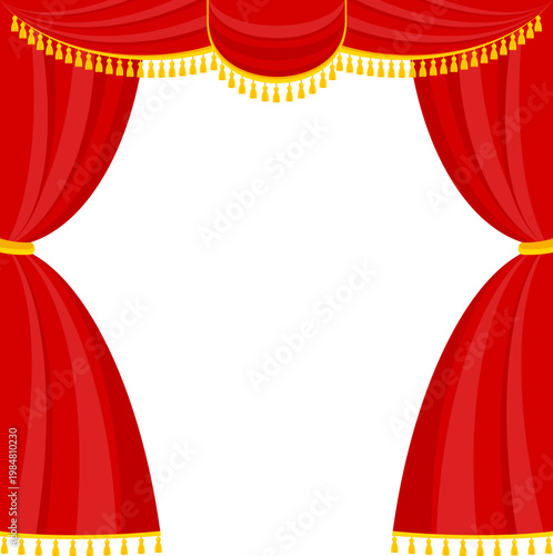 Elegant red velvet theater curtain. Open stage scene with silk drapes. Luxury theatrical interior for performance, opera and concert. Cinema show, rich fabric and dramatic atmosphere. Vector EPS 10.