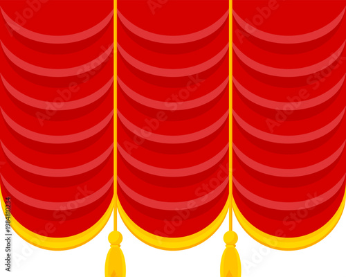 Elegant red velvet theater curtain. Open stage scene with silk drapes. Luxury theatrical interior for performance, opera and concert. Cinema show, rich fabric and dramatic atmosphere. Vector EPS 10.