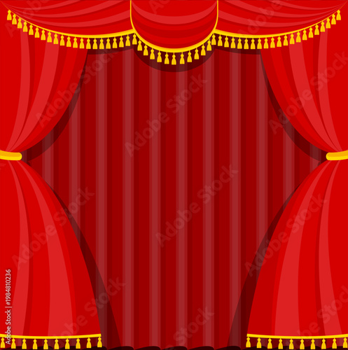 Elegant red velvet theater curtain. Open stage scene with silk drapes. Luxury theatrical interior for performance, opera and concert. Cinema show, rich fabric and dramatic atmosphere. Vector EPS 10.