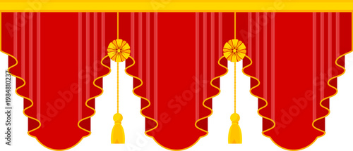 Elegant red velvet theater curtain. Open stage scene with silk drapes. Luxury theatrical interior for performance, opera and concert. Cinema show, rich fabric and dramatic atmosphere. Vector EPS 10.