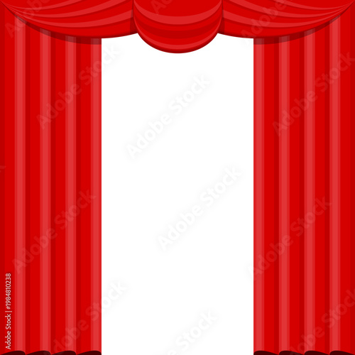 Elegant red velvet theater curtain. Open stage scene with silk drapes. Luxury theatrical interior for performance, opera and concert. Cinema show, rich fabric and dramatic atmosphere. Vector EPS 10.