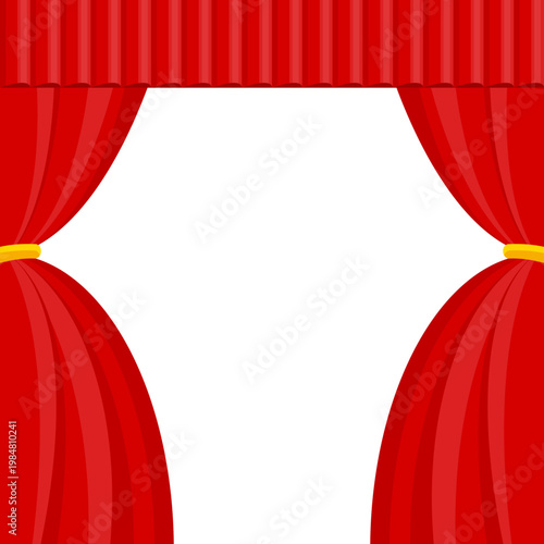 Elegant red velvet theater curtain. Open stage scene with silk drapes. Luxury theatrical interior for performance, opera and concert. Cinema show, rich fabric and dramatic atmosphere. Vector EPS 10.