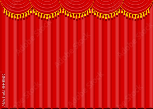Elegant red velvet theater curtain. Open stage scene with silk drapes. Luxury theatrical interior for performance, opera and concert. Cinema show, rich fabric and dramatic atmosphere. Vector EPS 10.